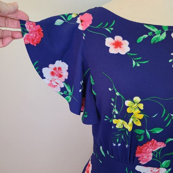 Eliza J Navy Blue Floral Mini Dress Women 14 Flutter Sleeve Fairy Cottagecore - Picture 11 of 15